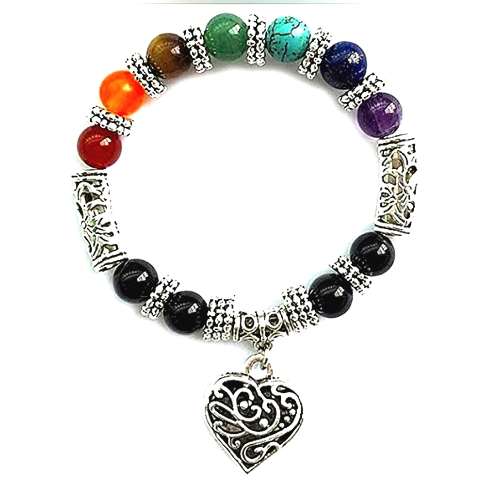 Heart Pendant Bracelet Natural Stone Bead Bracelets Silvery Chakra Bracelet - Picture 4 of 6